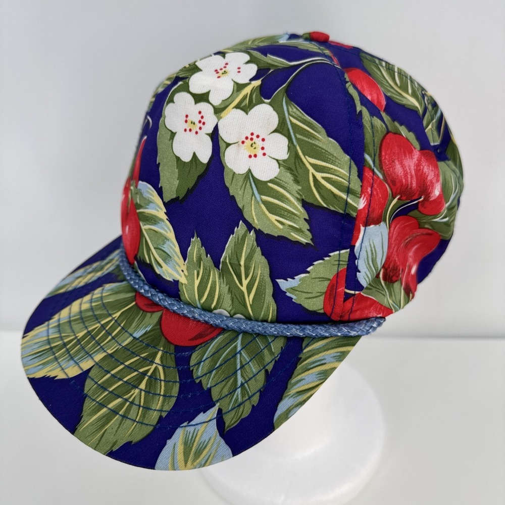 Vintage 80s San Sun Blue Floral Snapback Flat Bill Hat Cherries Tropical Grandpa